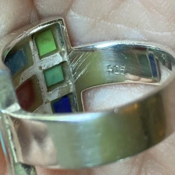 VINTAGE Sterling Silver Inlaid Mosaic Ring Sz 7•1/4 - Picture 4 of 5